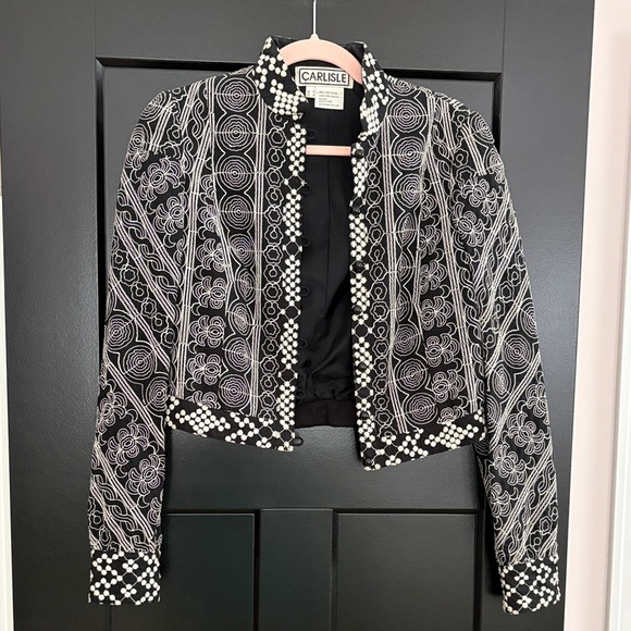 Carlisle Vintage Black & White Patterned Lined Blazer w/ Button Loops. Size 6 - Picture 1 of 12